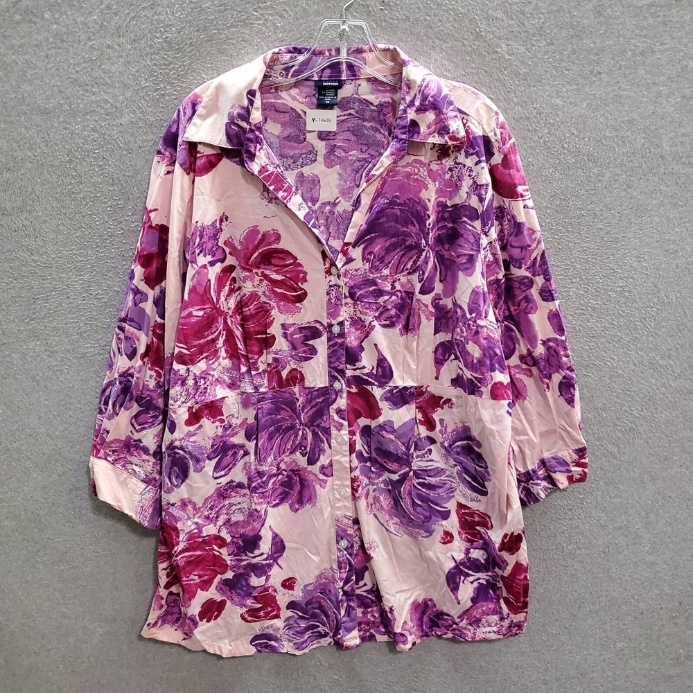Basic Editions‎ Women Top 2X Pink Floral Tunic Button Up Collar